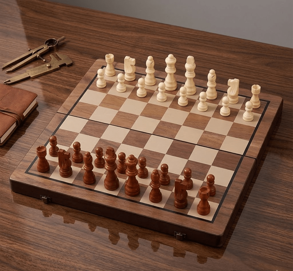 Tournament Board Included In A Wooden Chess Collection With Classic Pieces