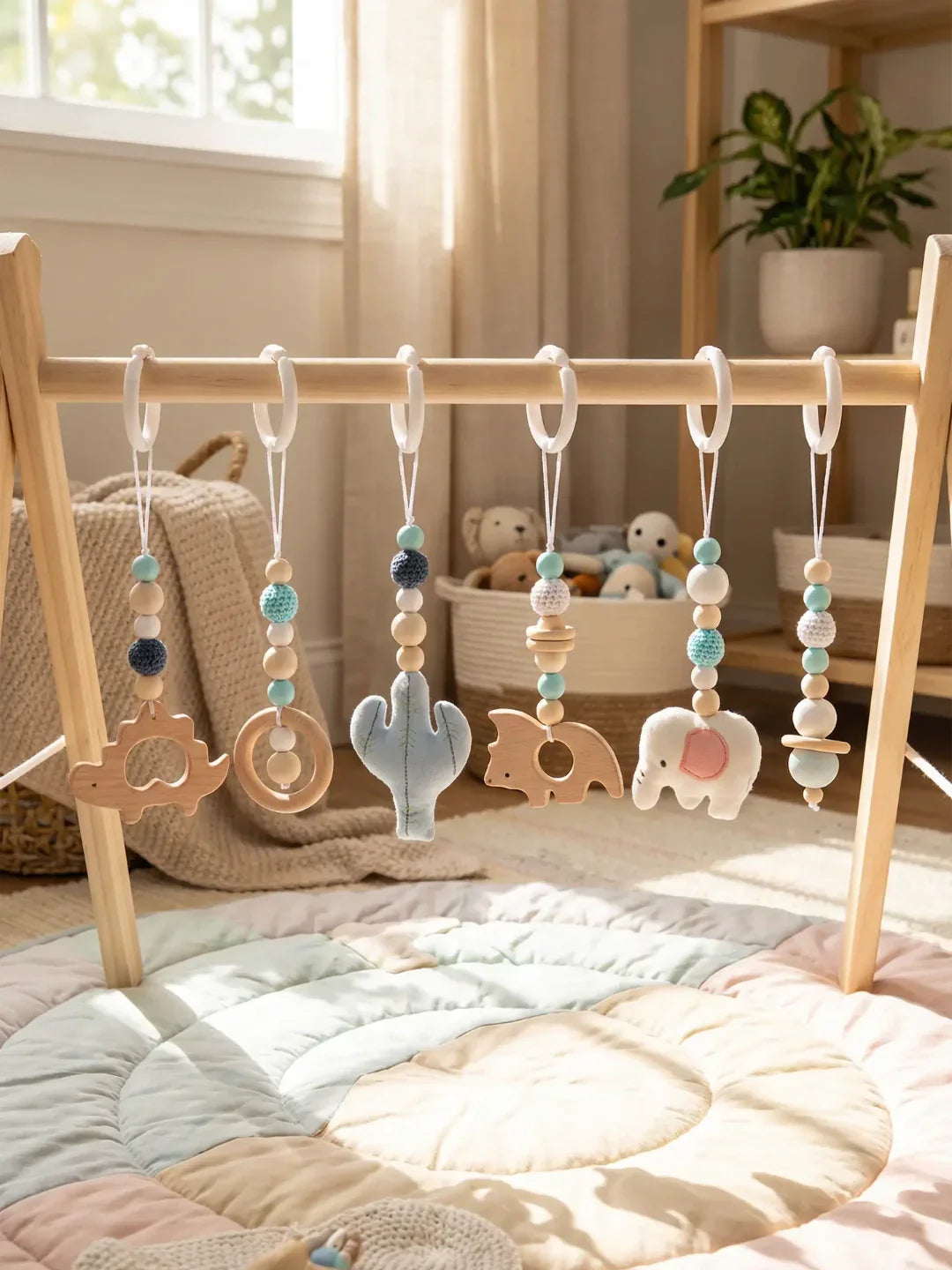 Animal-Themed Wooden Baby Gym Hanging Toys