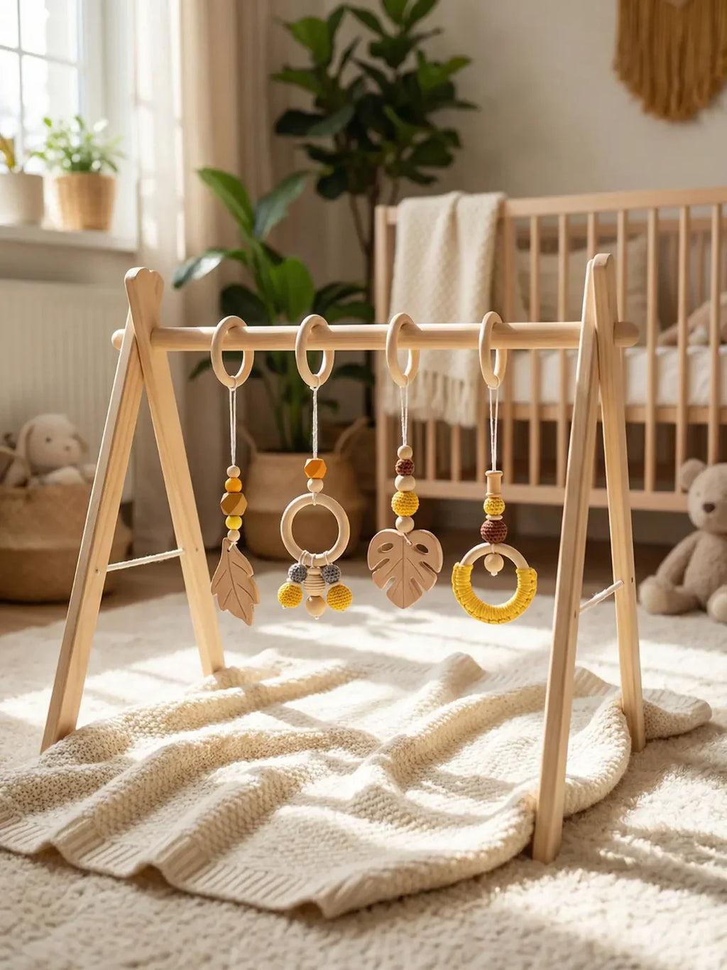 Leaf-Themed Wooden Baby Gym Hanging Toys