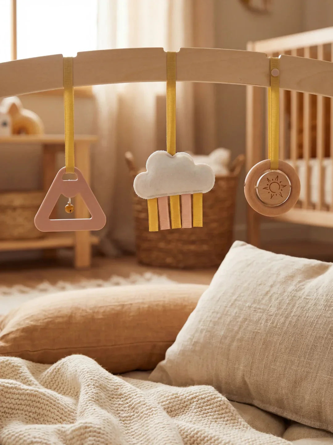 Holz-Spielbogen mit 3 hängenden Spielzeugen – Sinnes-Gymnastik für Babys  