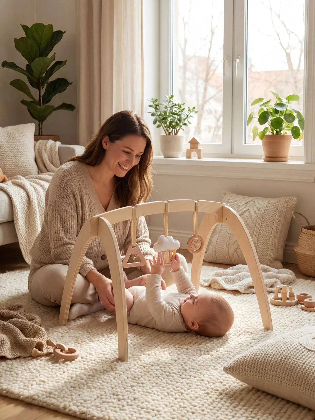 Holz-Spielbogen mit 3 hängenden Spielzeugen – Sinnes-Gymnastik für Babys  
