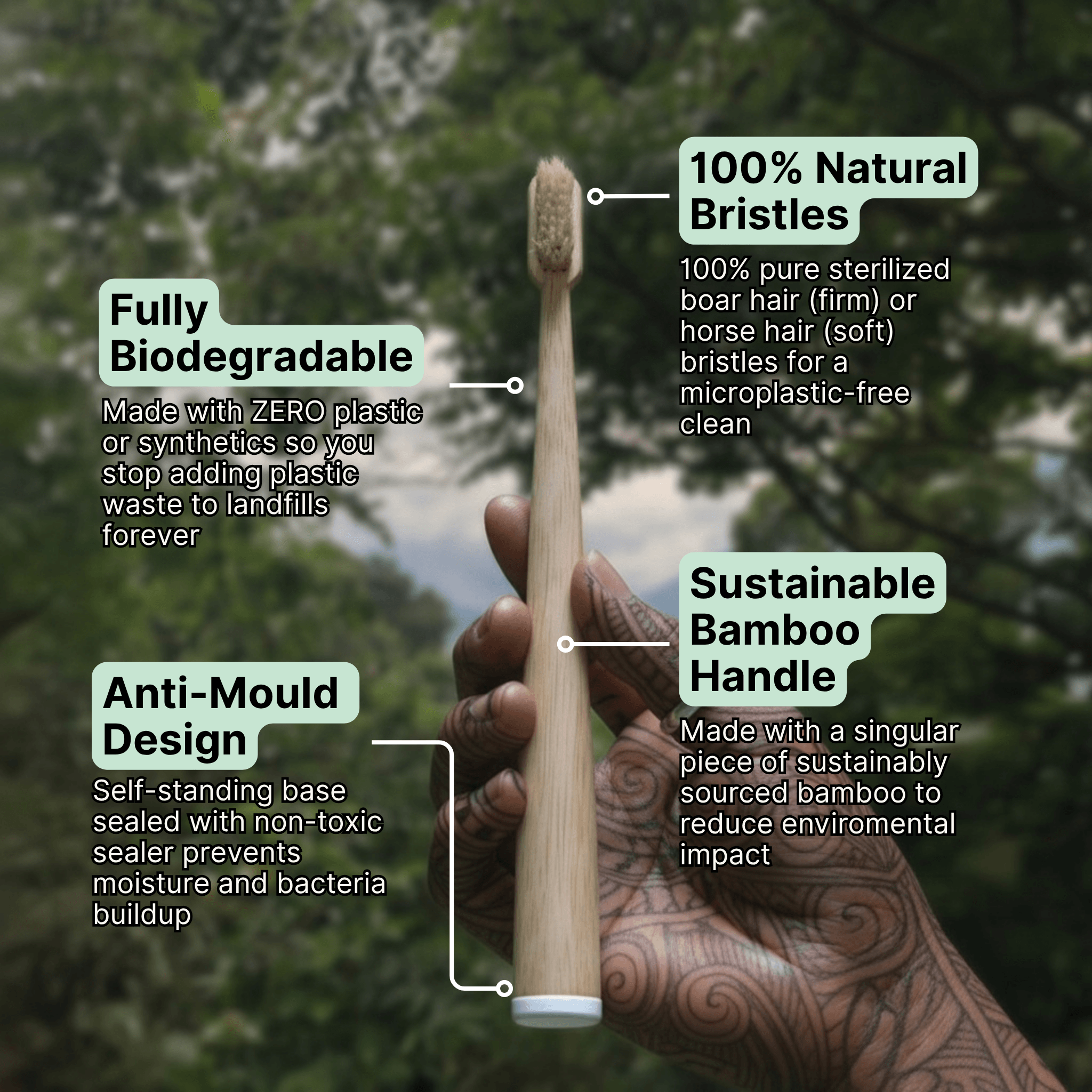 Natural Bristle Bamboo Toothbrush Set (4 Pack)