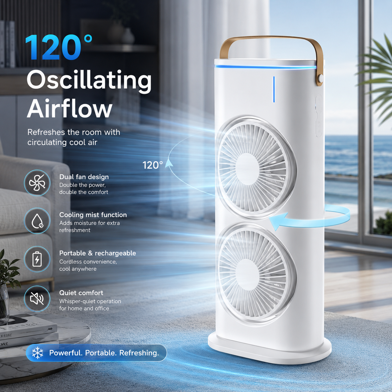 Ventilador nebulizador MistBreeze con cabezales dobles, ventilador de escritorio recargable por USB con control remoto