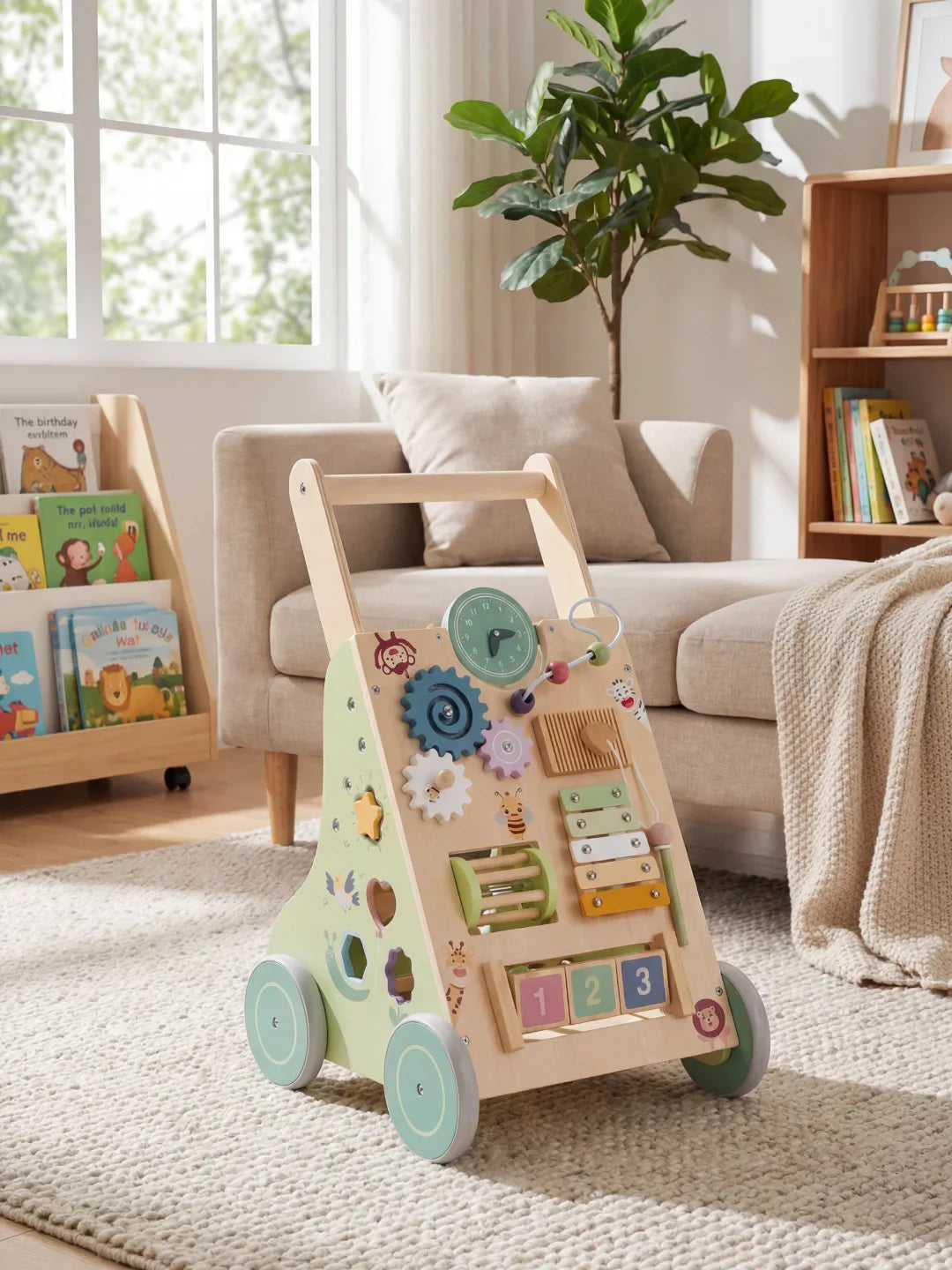 Premium Wooden Activity Walker for First Steps, Sensory Play, and Early Learning