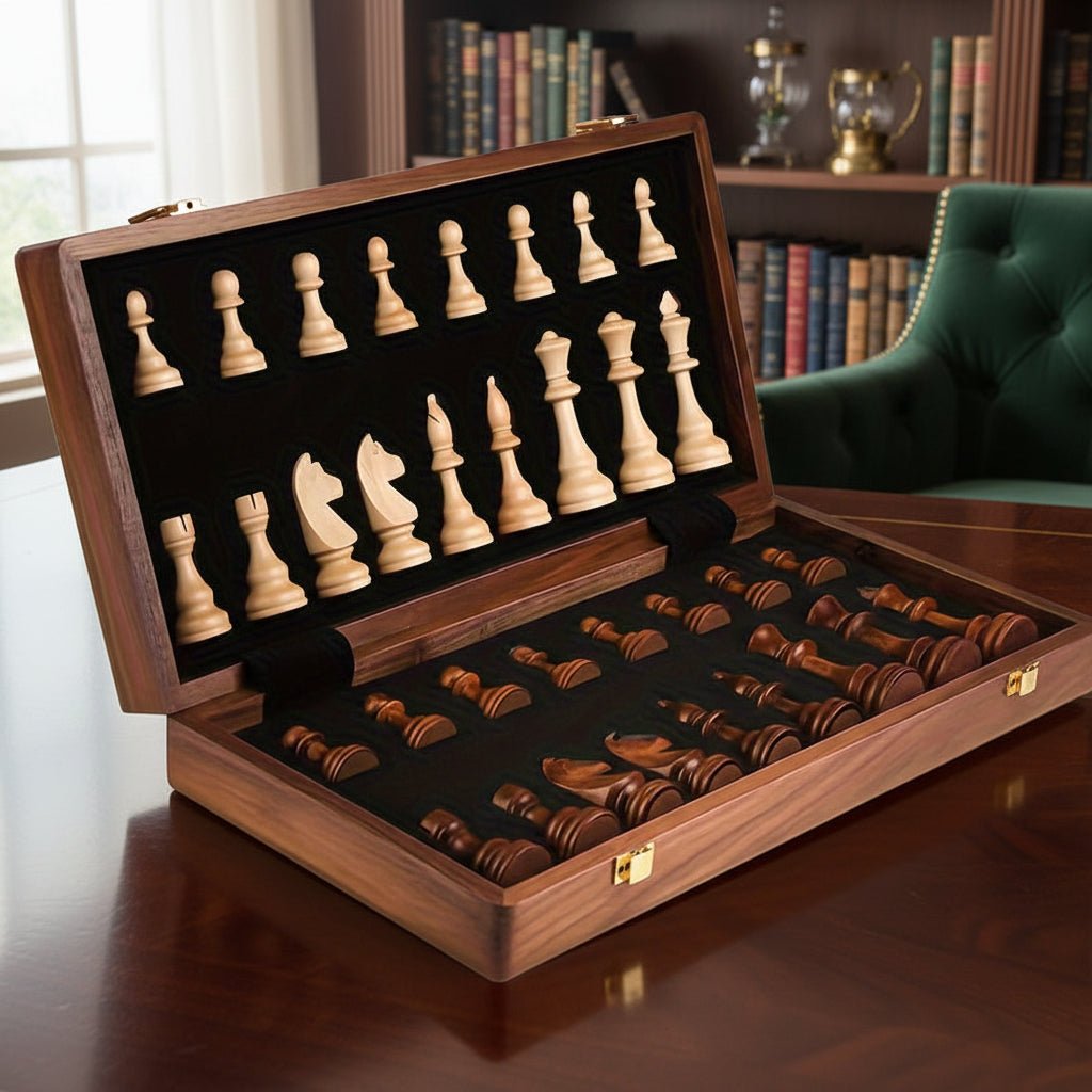 Tournament Board Included In A Wooden Chess Collection With Classic Pieces