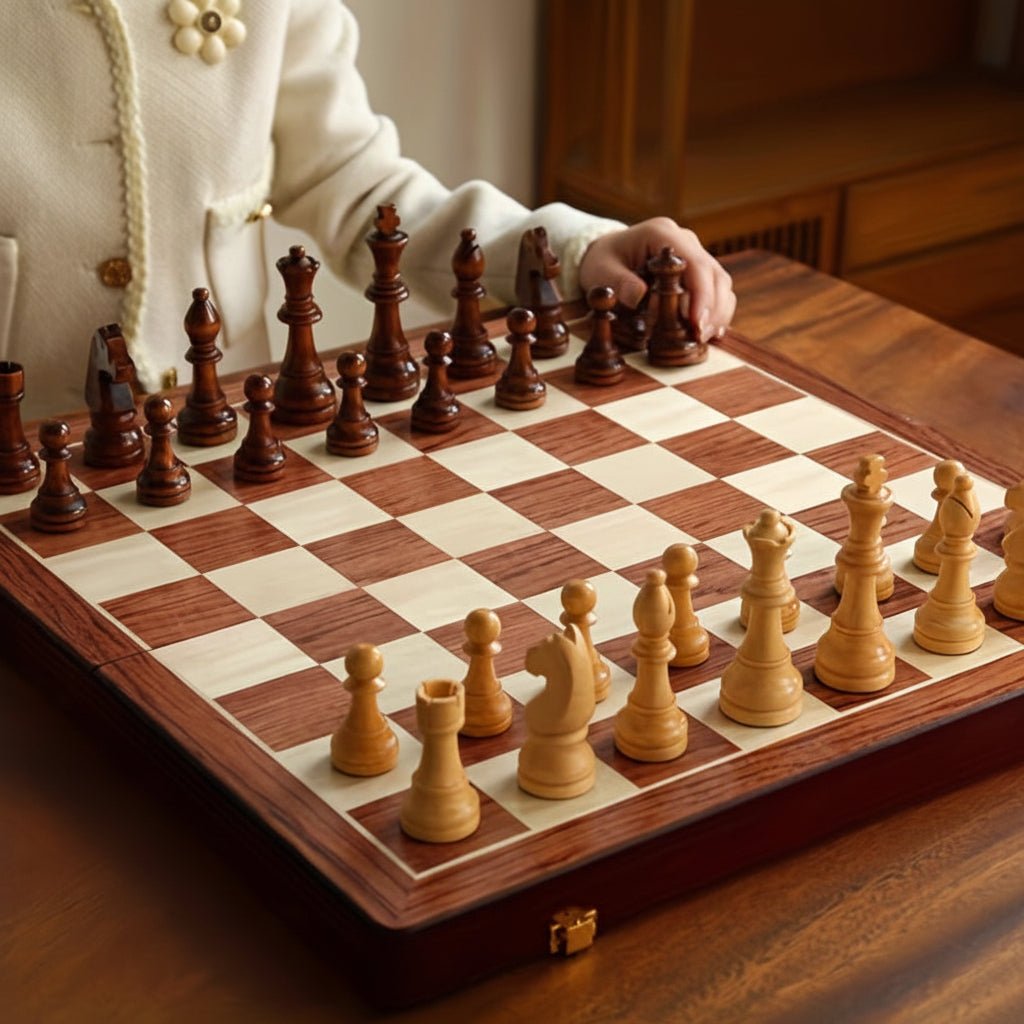 Tournament Board Included In A Wooden Chess Collection With Classic Pieces