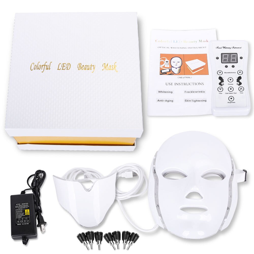 Máscara de terapia de luz LED roja de siete colores para cara y cuello con brillo de spa