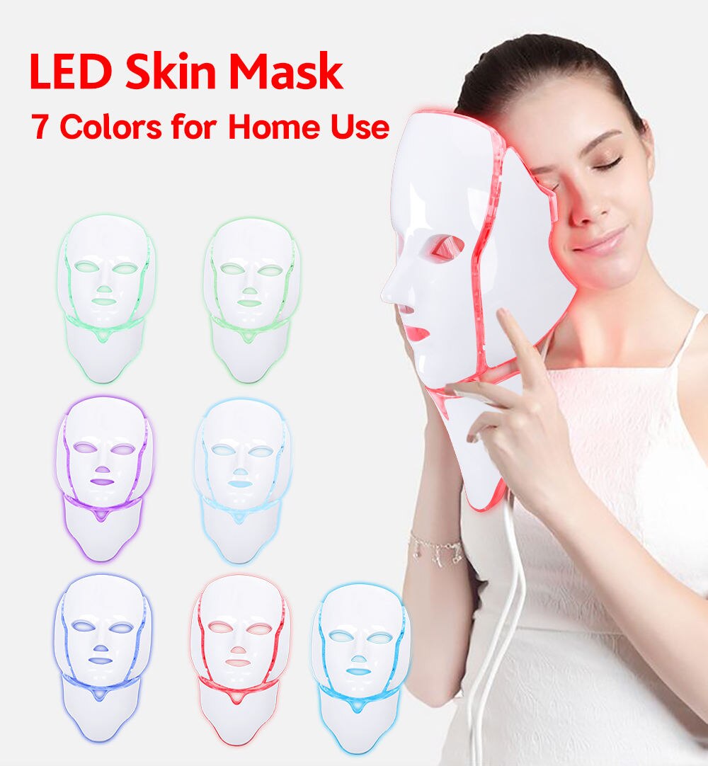 Máscara de terapia de luz LED roja de siete colores para cara y cuello con brillo de spa