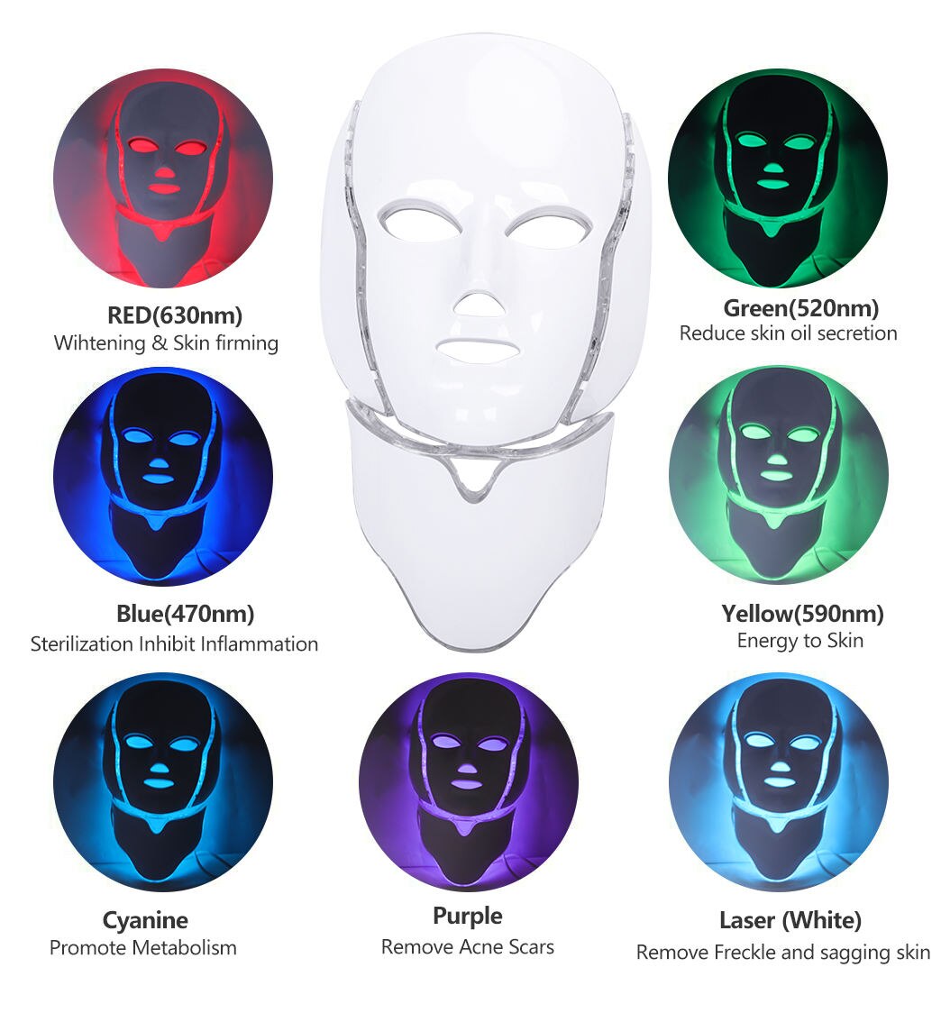 Máscara de terapia de luz LED roja de siete colores para cara y cuello con brillo de spa
