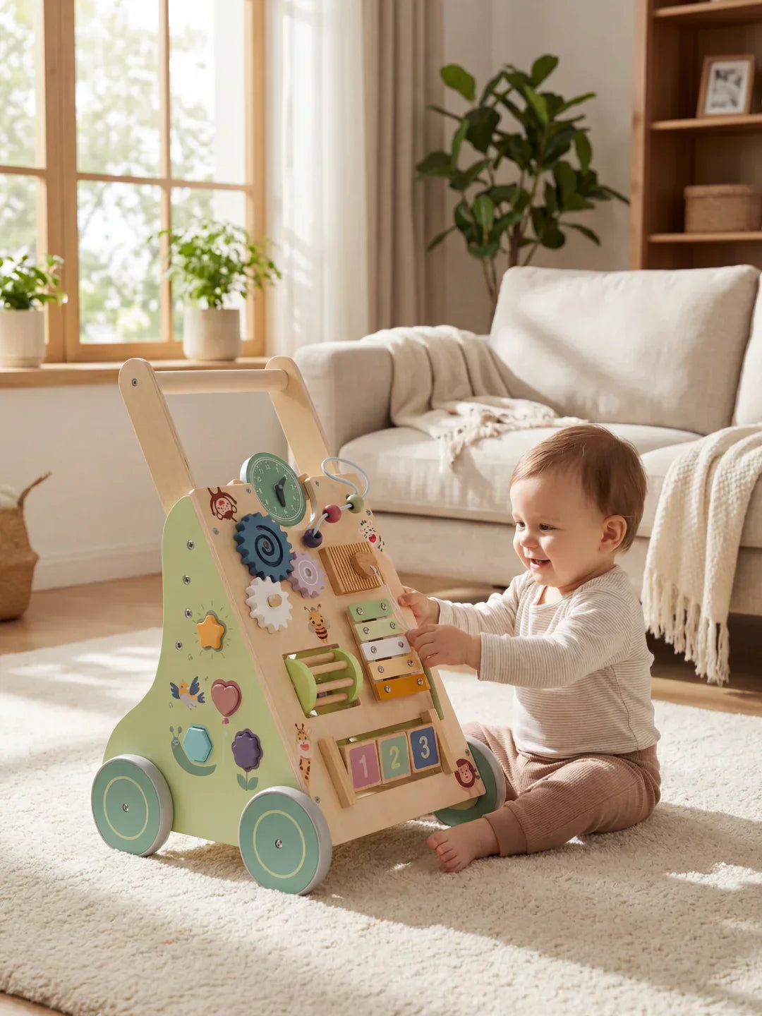 Premium Wooden Activity Walker for First Steps, Sensory Play, and Early Learning