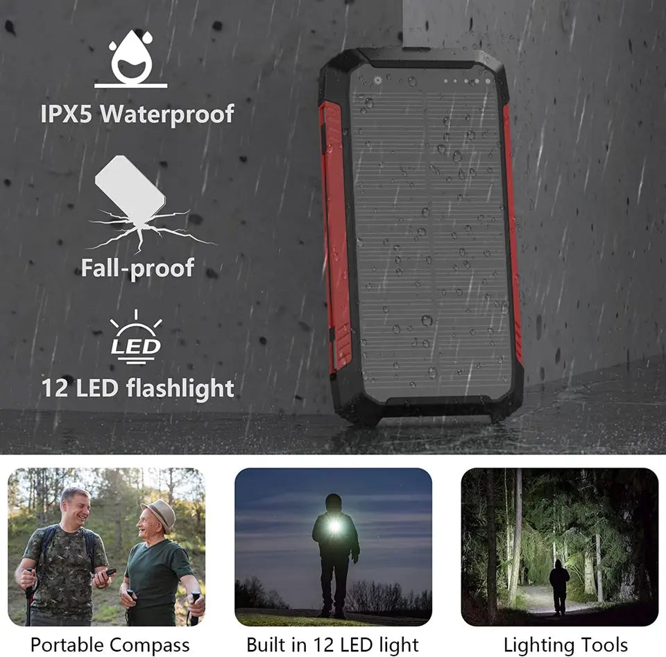 EclipseVolt 30 000 mAh vanntett solcellepowerbank med to USB-porter og Qi trådløs ladeplate