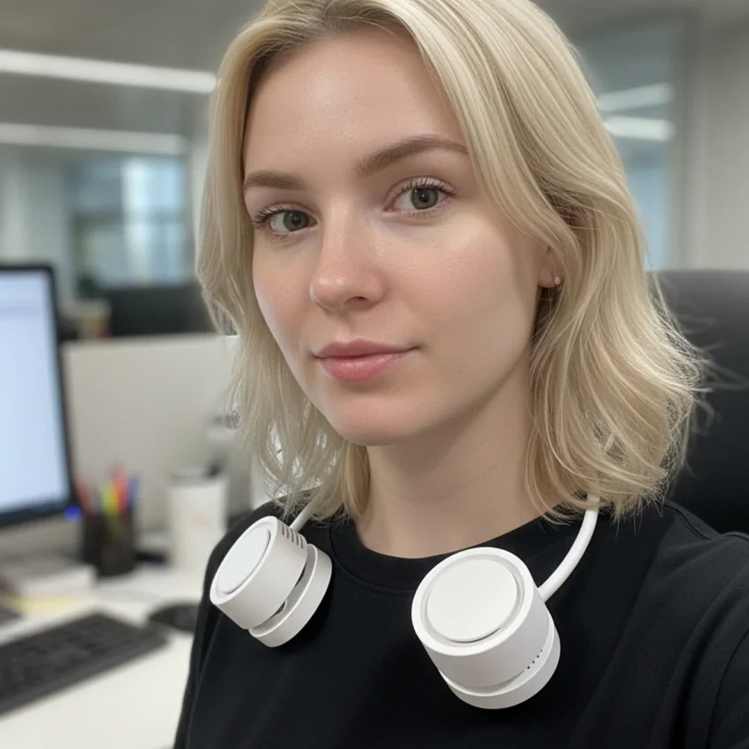 Přenosný větrák na krk FlexBreeze, dobíjecí, skládací, bezlopatkový, bezrukový chladicí ventilátor na cesty