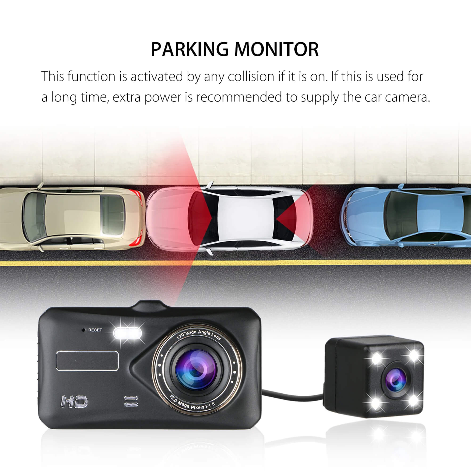 Wireless Twin Dash Cam With Front Or Rear View, 1080p, 4-Inch LCD