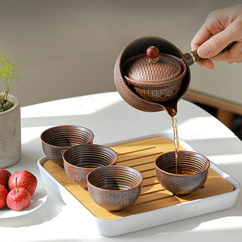 Japanese Ceramic Teapot Set With Rotating Design For Gongfu Tea Lovers