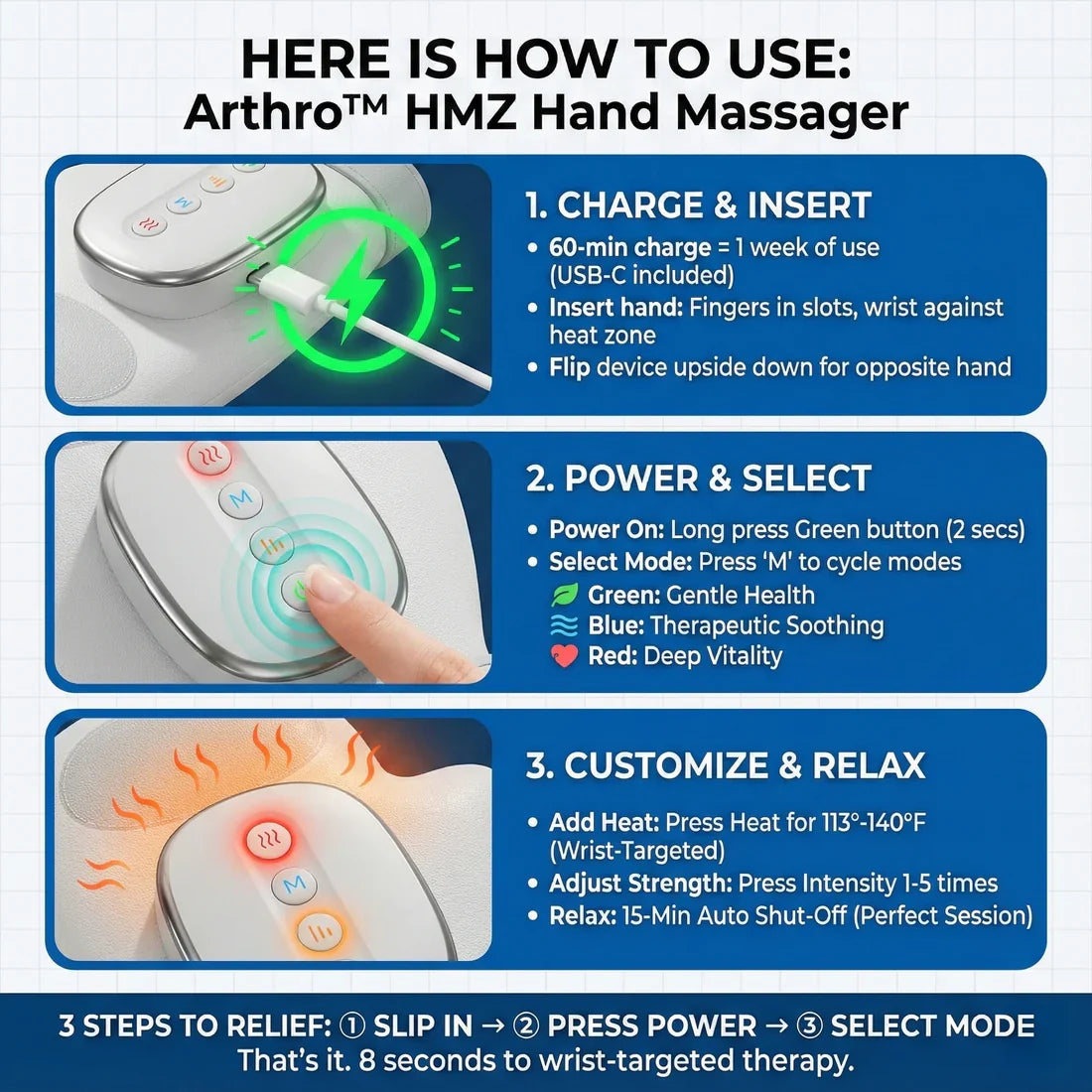 ArthroFlex Pro 3-in-1 Handmassagegerät mit Wärme und Handgelenkstütze