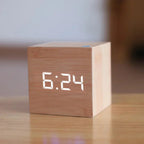 VerdiaCube Alarm Clock With Wooden Finish Shows Time, Date And Temperature
