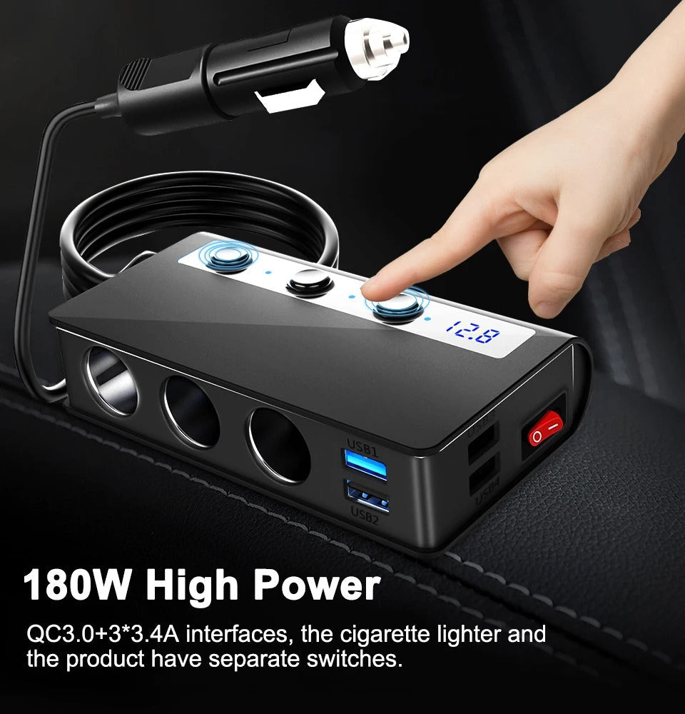 Ładowarka samochodowa NovaCharge 180W z czterema portami USB i gniazdami zapalniczki
