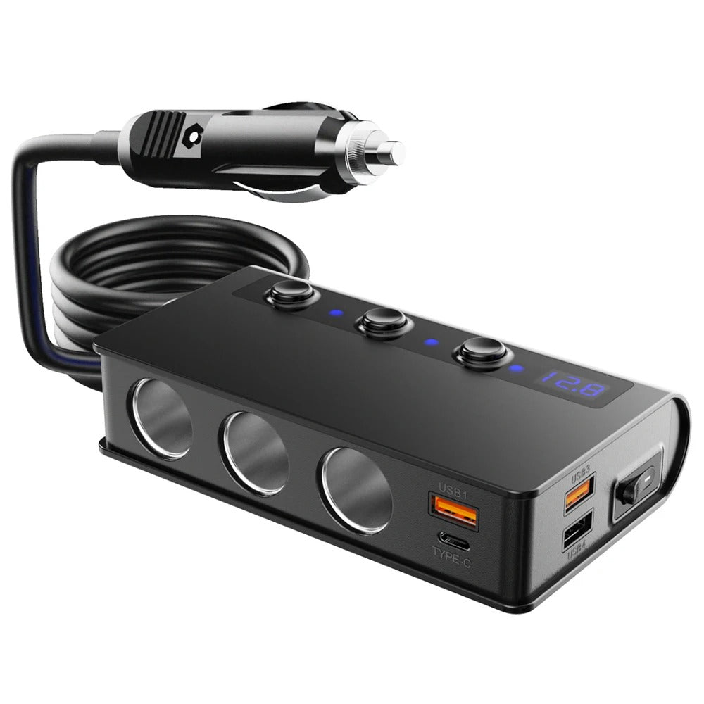 Ładowarka samochodowa NovaCharge 180W z czterema portami USB i gniazdami zapalniczki