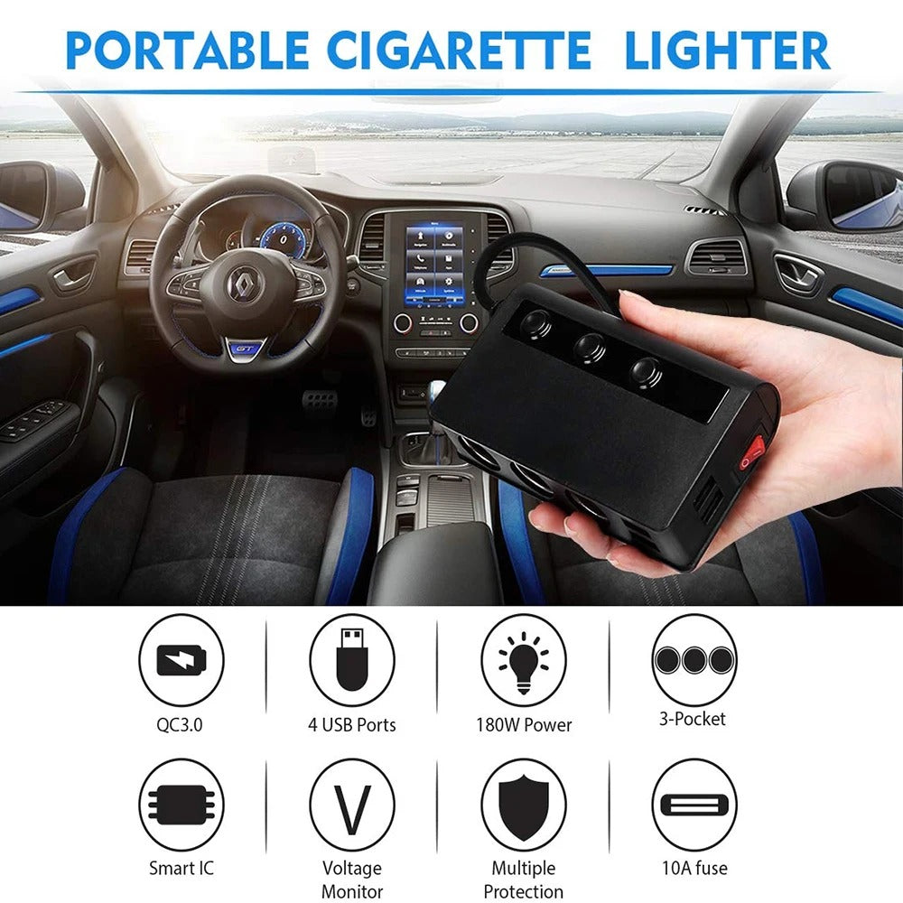 Ładowarka samochodowa NovaCharge 180W z czterema portami USB i gniazdami zapalniczki