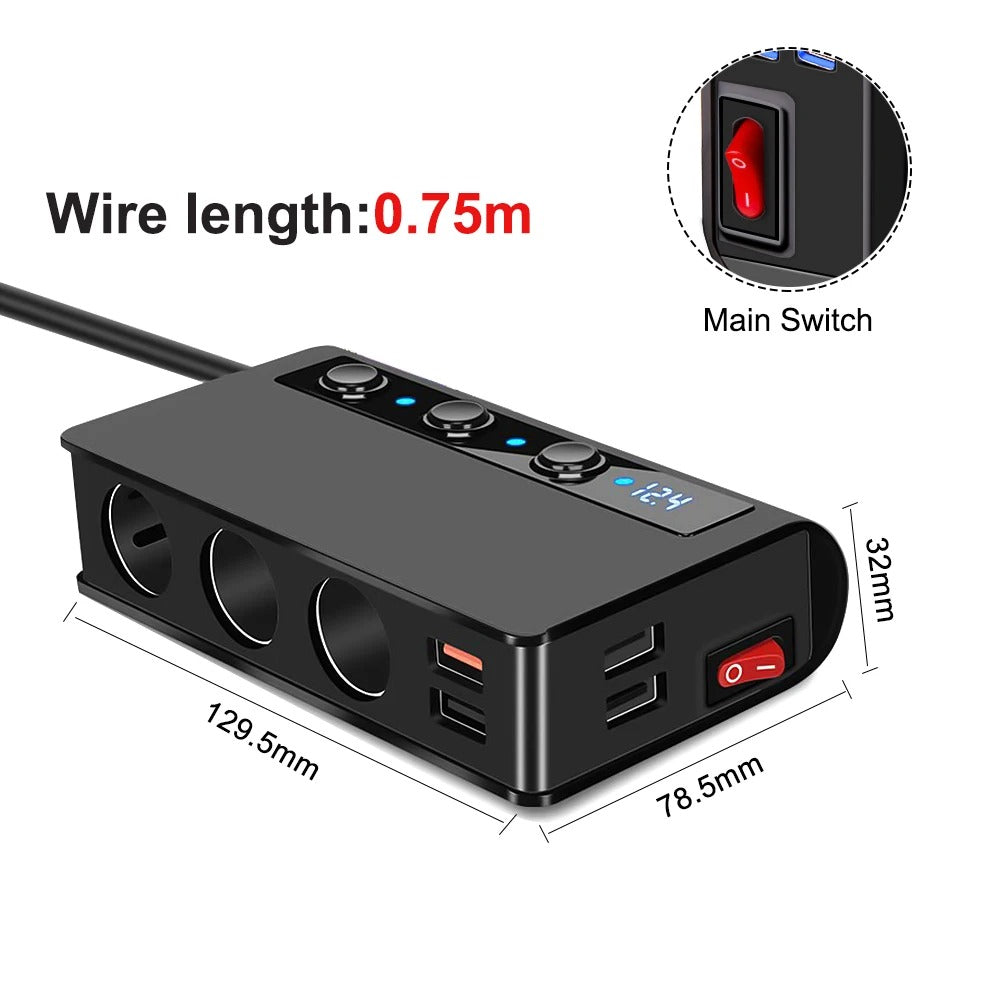Ładowarka samochodowa NovaCharge 180W z czterema portami USB i gniazdami zapalniczki