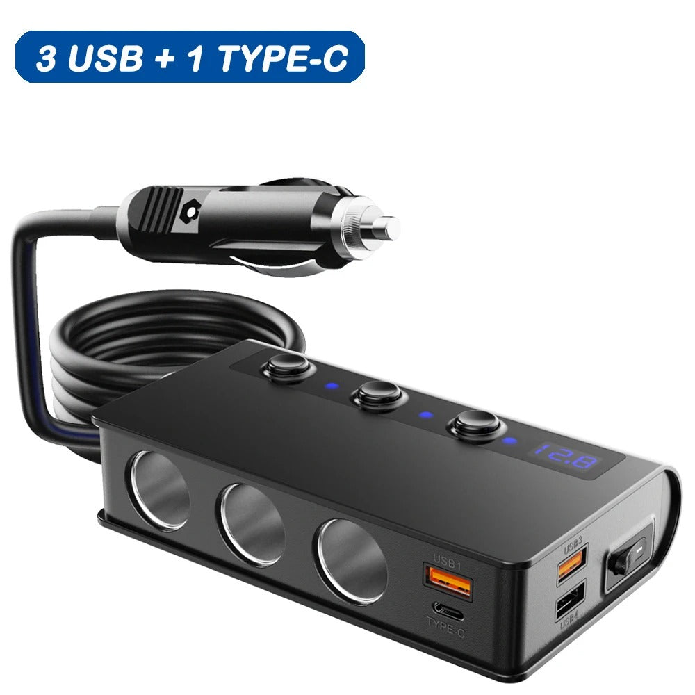 Ładowarka samochodowa NovaCharge 180W z czterema portami USB i gniazdami zapalniczki