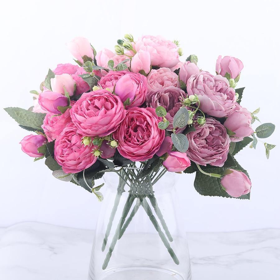Ensemble de 9 pivoines en soie avec tiges de 12 pouces pour décoration intérieure
