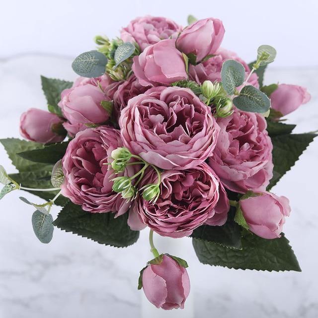 Ensemble de 9 pivoines en soie avec tiges de 12 pouces pour décoration intérieure