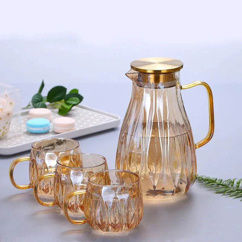Set vintage de carafă și căni din sticlă Nova cu capac din oțel inoxidabil