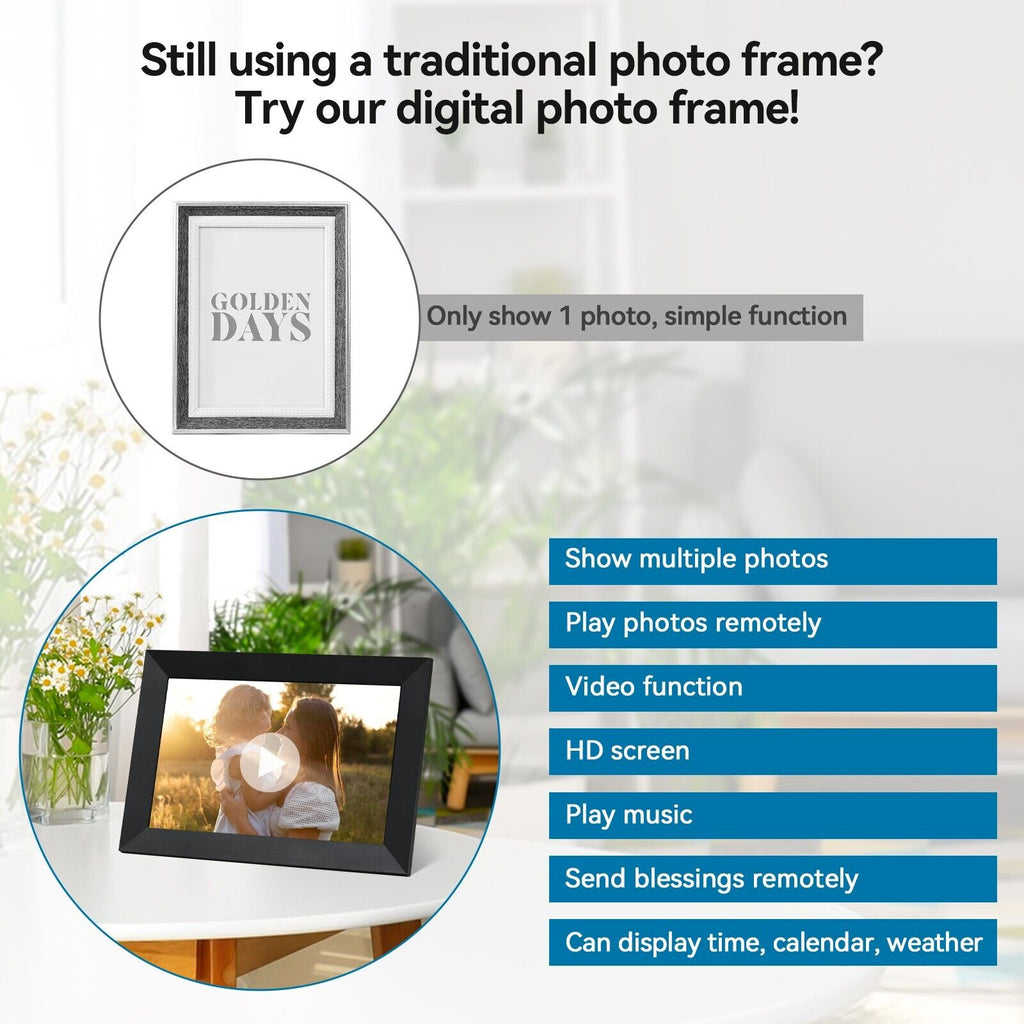 10,1-tommer WiFi-fotoframe med 1080p touchskærm til familier