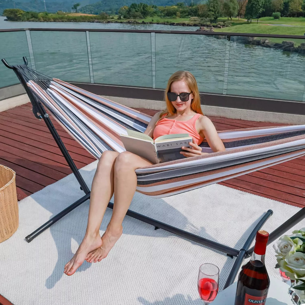 Rede para Dois com Suporte em Lona Premium para Relaxamento ao Ar Livre
