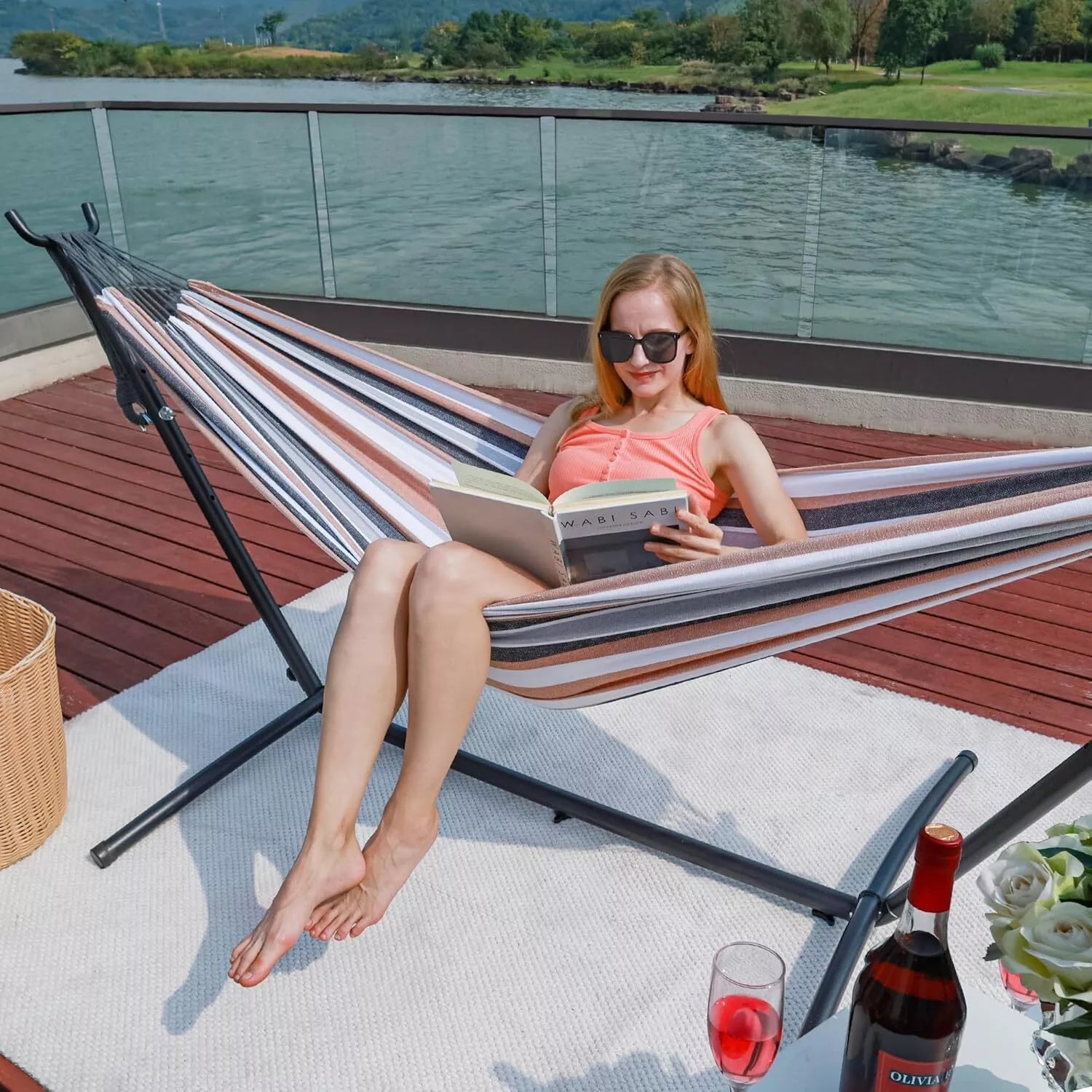 Rede para Dois com Suporte em Lona Premium para Relaxamento ao Ar Livre