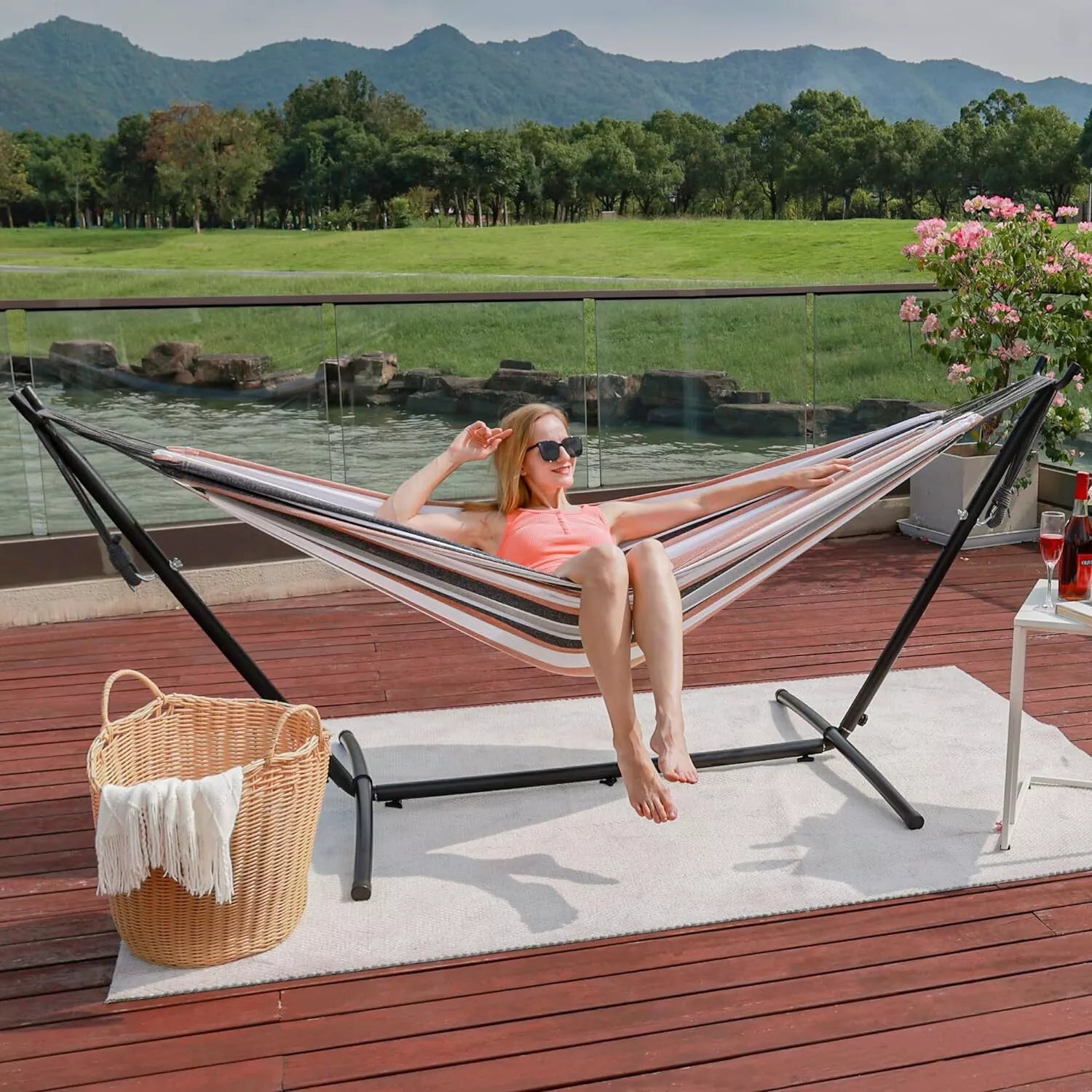 Rede para Dois com Suporte em Lona Premium para Relaxamento ao Ar Livre