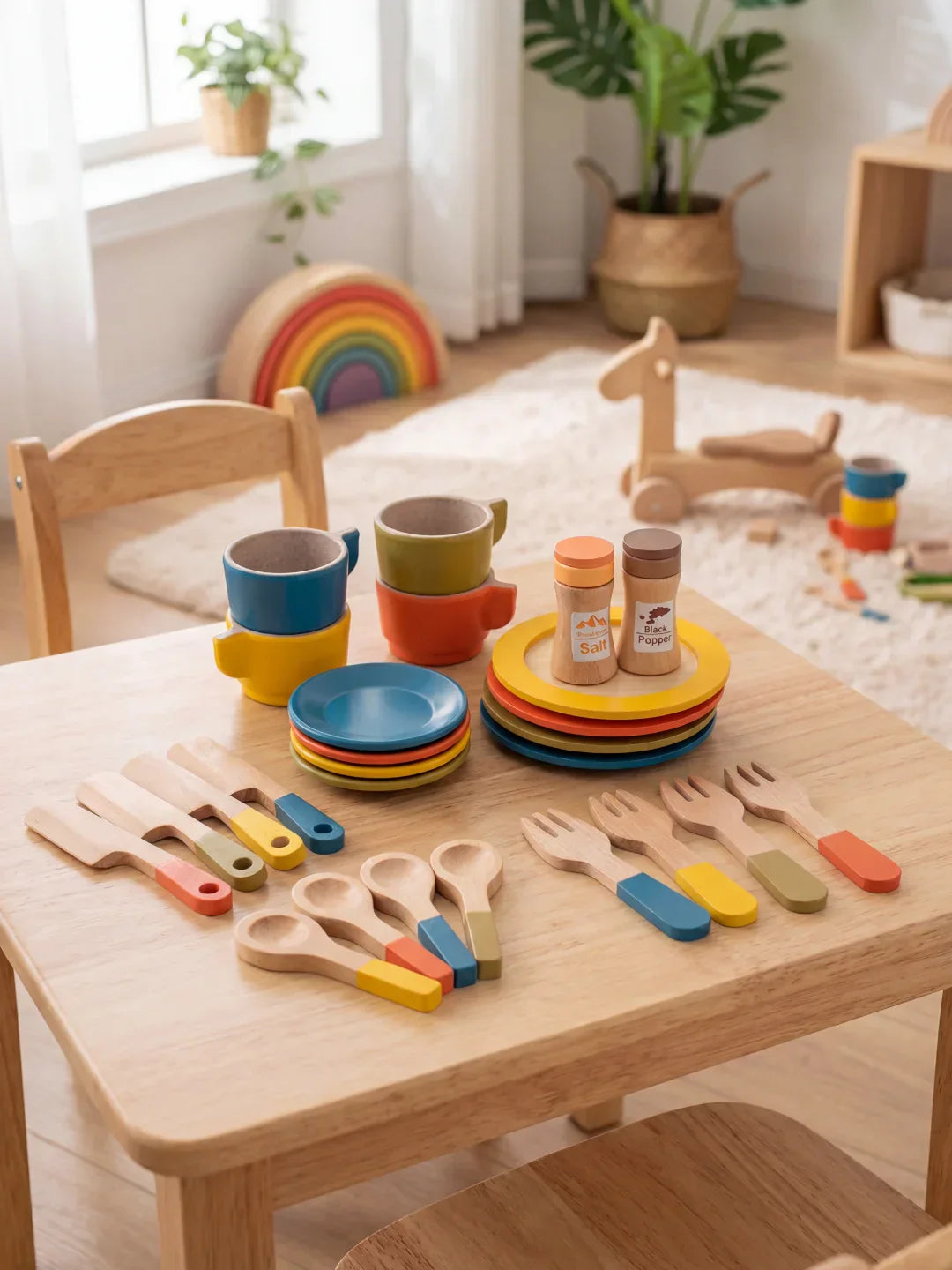 Set Makan Malam Mainan Berpura-pura Kayu untuk Bayi dan Kanak-kanak Kecil