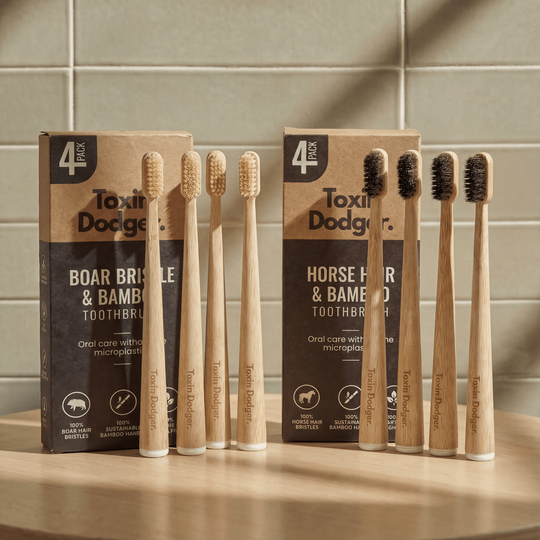 Natural Bristle Bamboo Toothbrush Set (4 Pack)