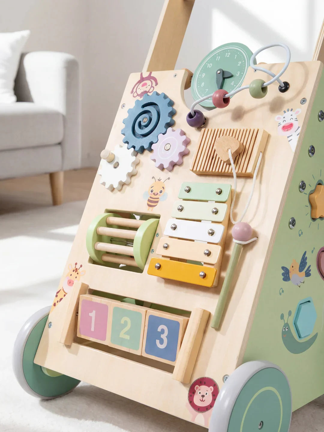 Premium Wooden Activity Walker for First Steps, Sensory Play, and Early Learning